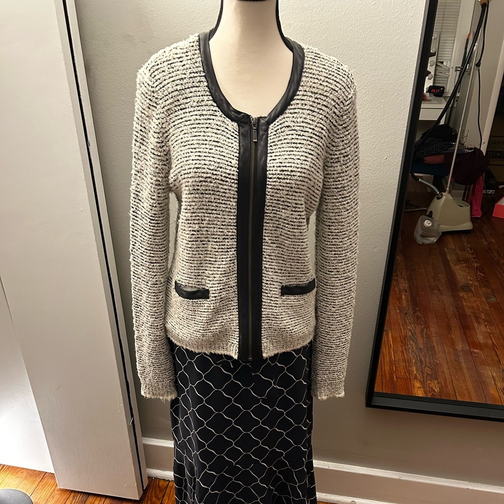 Coco Chanel Joie Black and White Mixed Media Structured Zip-Up Cardigan - Picture 2 of 11